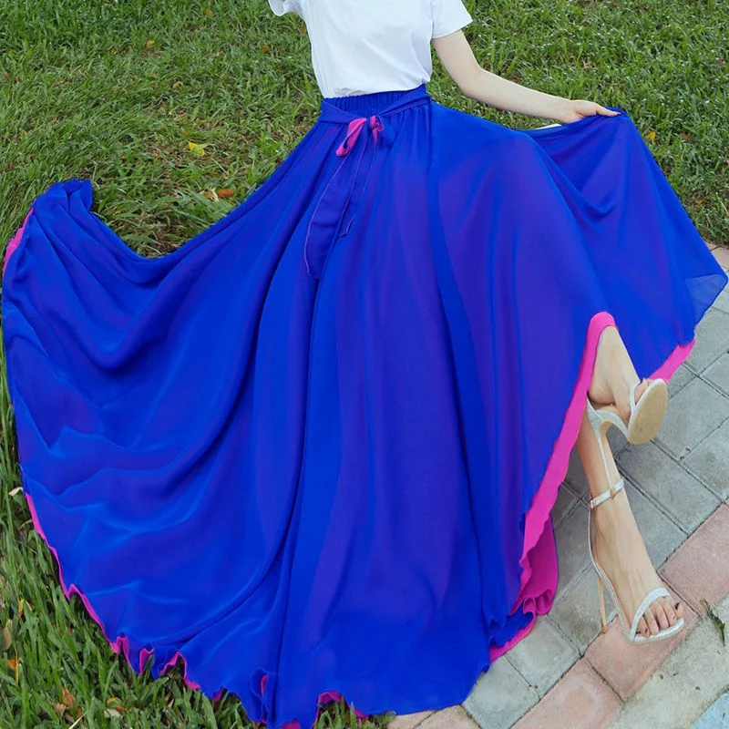 Both Sides Can Wear Dance Skirt Women Double Chiffon Skirts Elastic Waist Lace-up Maxi Skirts Elegant Female Big-hem Skirts 2026