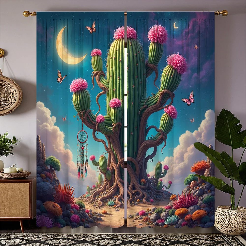 2pcs Desert Cactus & Butterfly Print Curtains - Semi-Transparent, Rod Pocket Design, 180-220g Polyester Fabric, Perfect for Bedr