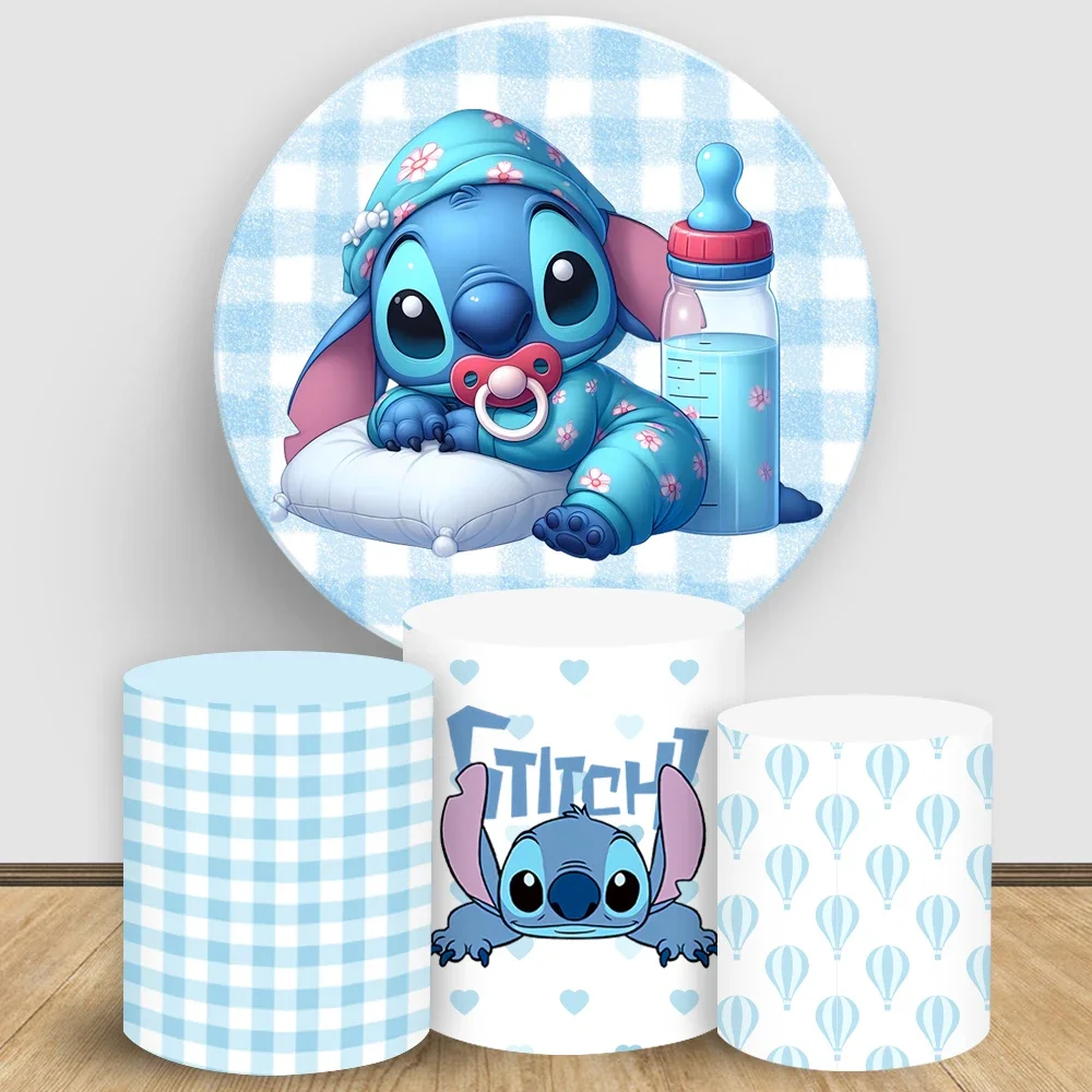 Baby Shower Round Backdrop Disney Stitch Blue Plaid Cake Table Cylinder Cover Kids Birthday Custom Party Photography Decorations