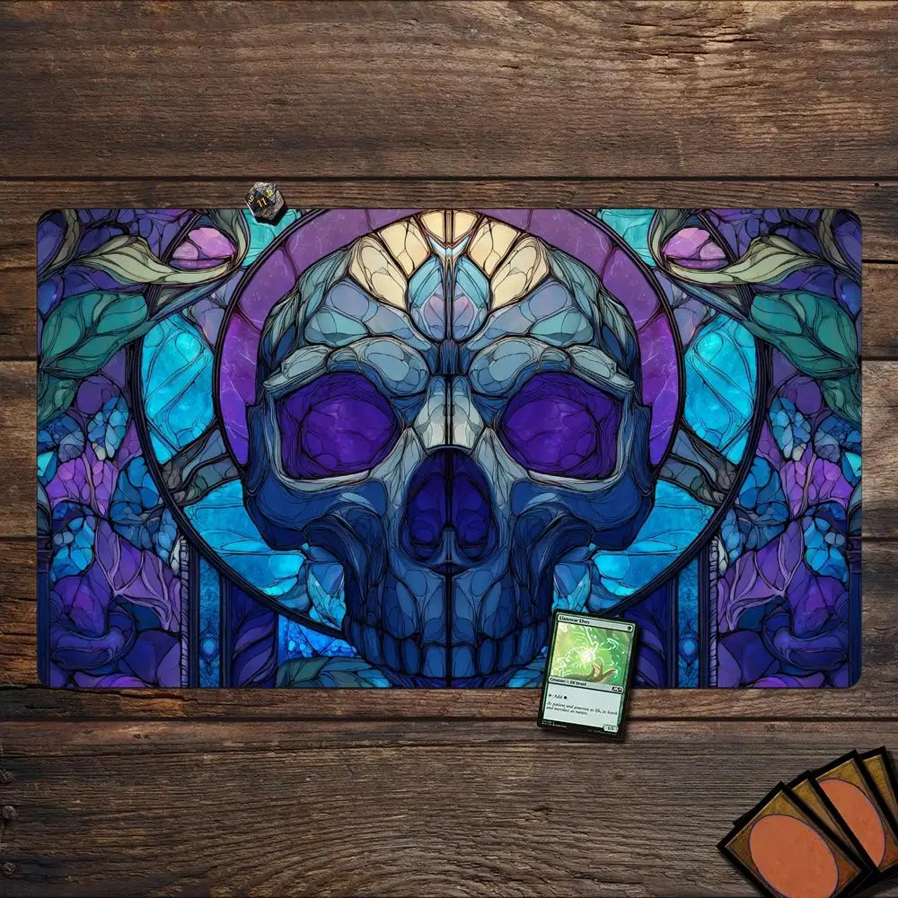 Stained Glass Style Skull Pattern Game Mat, Magic Card Battle Mat, Non-Slip and Durable, 35X60CM, Commander Game Mat, Magic Mat