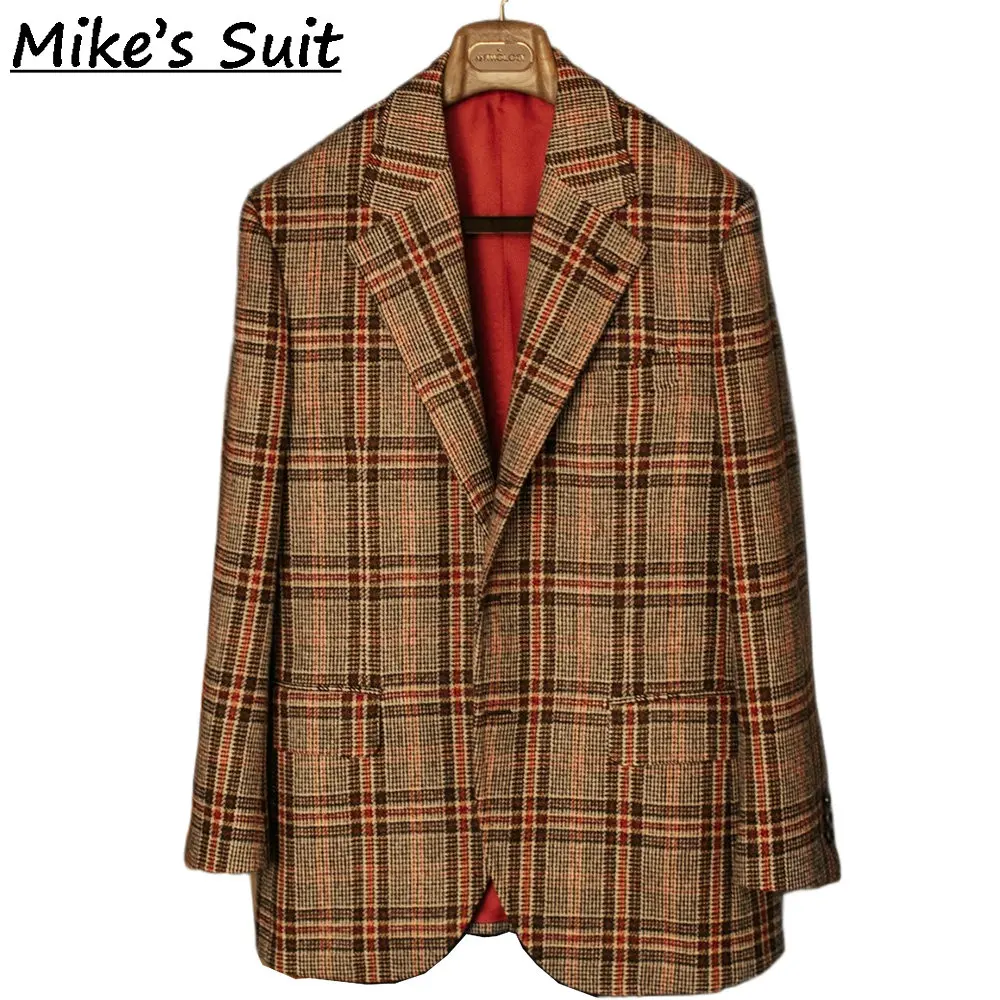 Men Peak Lapel Single Breasted Blazer, Brown Red Line Glen Check Wool Tweed Fabric, Country Wedding Daily Loose Fit Jacket