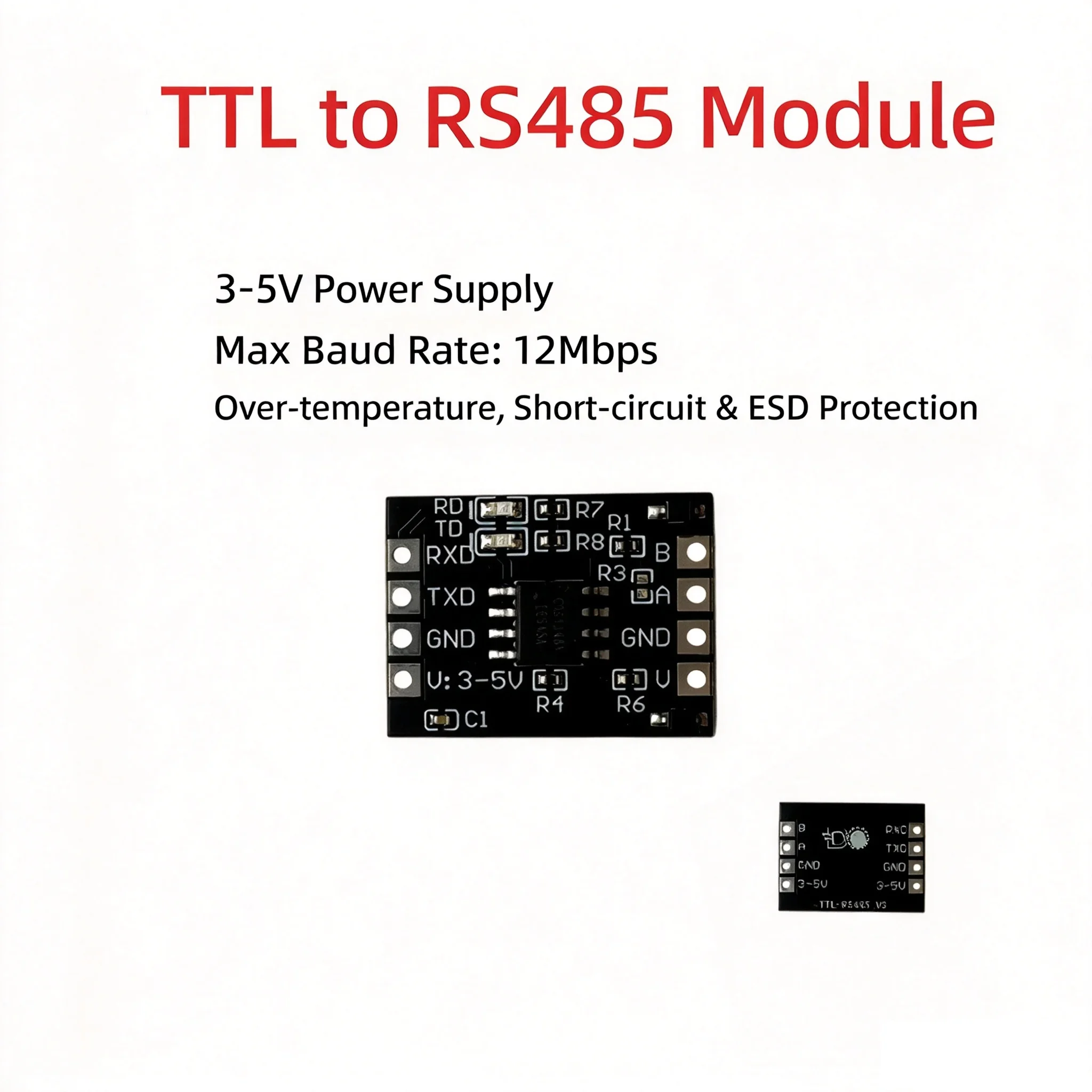 TTL to RS485 Module, UART to RS485 Converter, Auto TX/RX Switch, Industrial Grade, 3-5V, 12Mbps