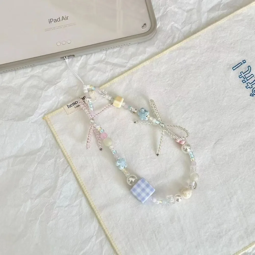 Instagram Style Girl's Blue Pink Flower Bow Phone Case Chain, CCD Camera Decoration Hanging Rope with Anti-Release Lifting Rope