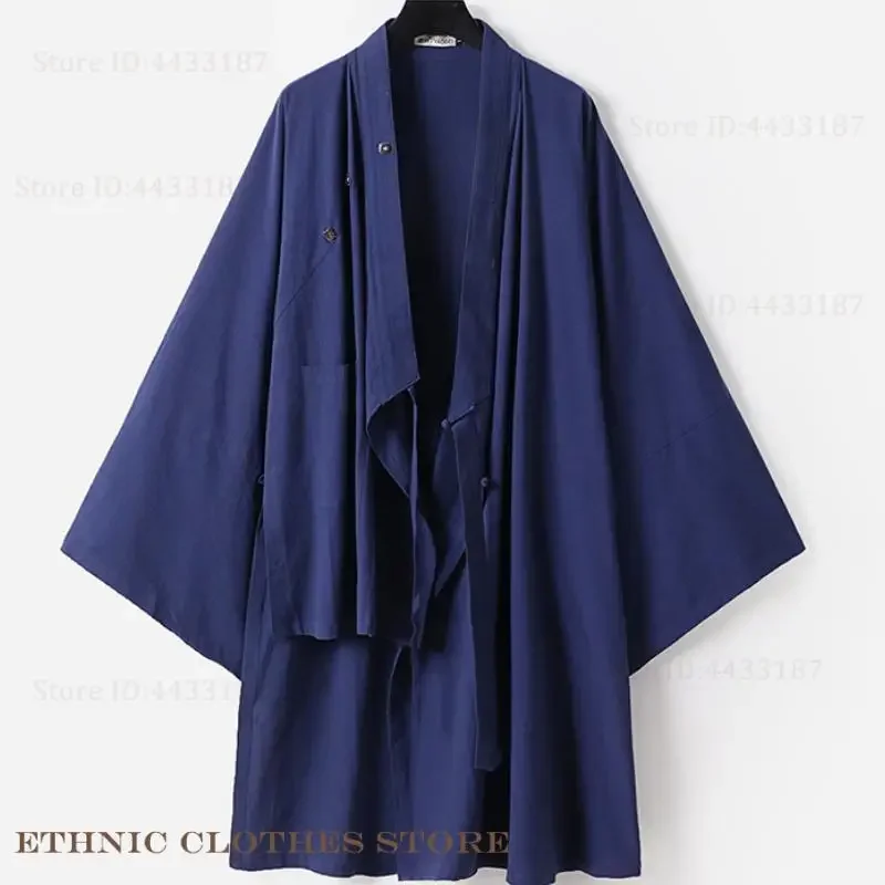Japanese Kimono Cardigan Samurai Costume Plus Size Men's Yukata Haori Bathrobe Traditional Harajuku Loose Cotton Linen Jacket 