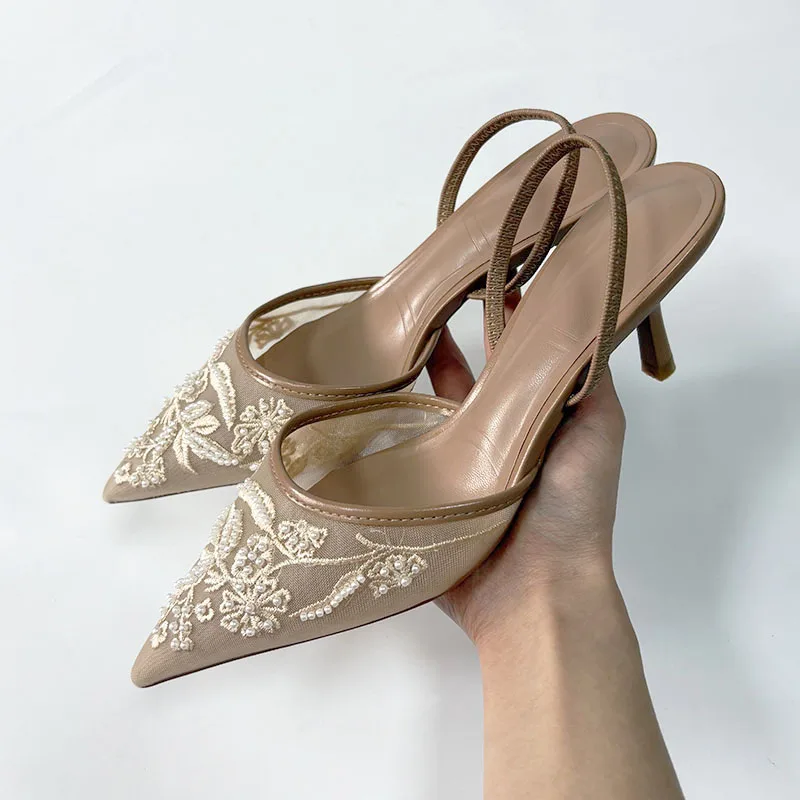 

Woman Designer Mesh Stiletto Heels Sandals Slip On Shoes Pumps Fashion Pointed Toe Women High Heels Sexy Lady Mules Sandal