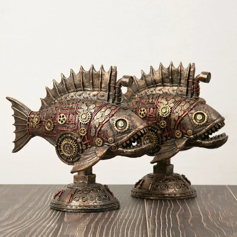 Vilead Steampunk Resin Statue Simulation Blackfish Retro Sculpture Decorative Living Room Home Porch Office Desktop Oranment