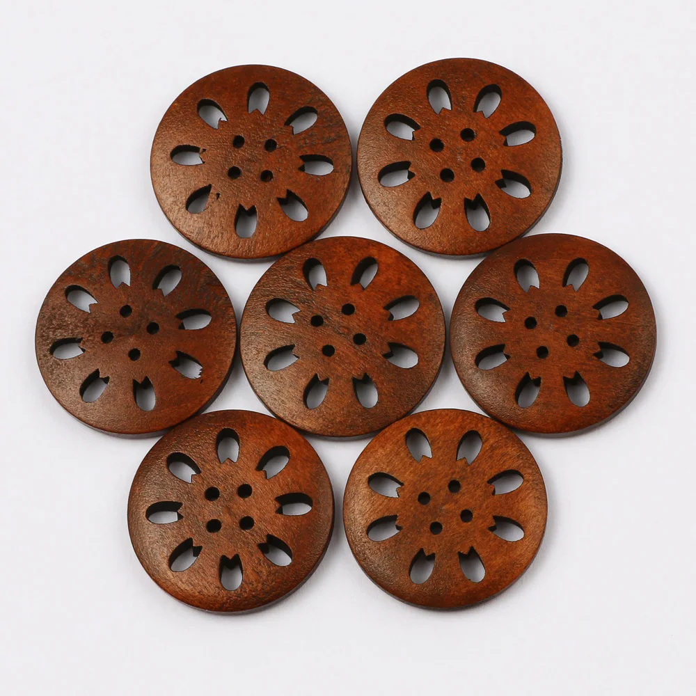 20pcs 25mm Brown Round Hollow Flower Natural Wooden Buttons For Clothing Decoration Craft Diy Cardigan Sewing Button Accessories