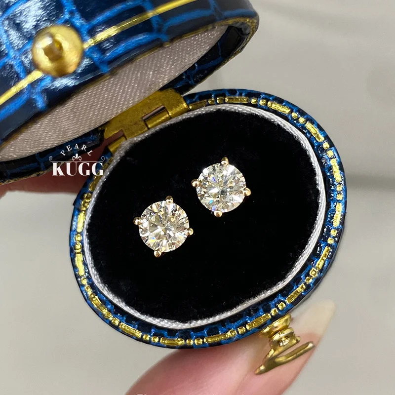 

KUGG 100% 18K Yellow Gold Earrings Luxury Simple Style 1.0carat Real Natural Diamond Stud Earrings for Women High Party Jewelry