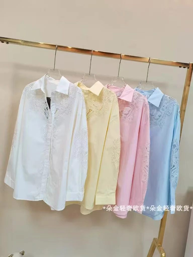 

Luxury Brand Sparkle Sequins Hollow Out Embroidery Cotton Blouses Shirts Women 2025 Trend Long Sleeve Loose Long Cardigan Top
