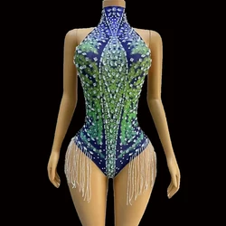 Sexy Stage Blue Green Silver Rhinestones Fringes Sleeveless Stretch Tassels Bodysuit Birthday Celebrate Party Photoshoot Costume