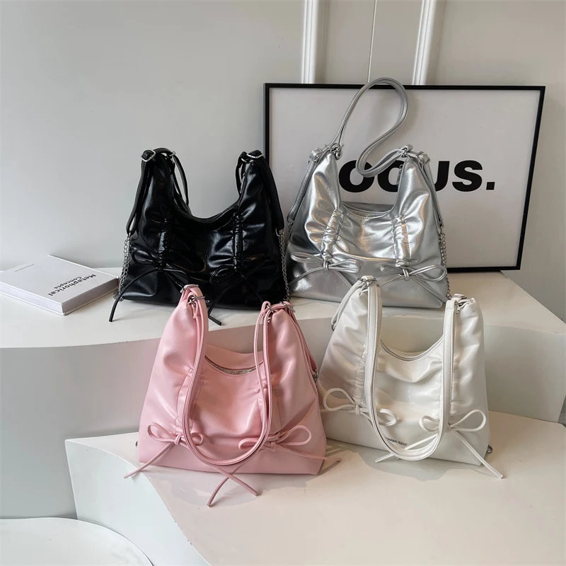 LEFTSIDE Bow Small PU Leather Shoulder Bags for Women 2024 Korean Fashion Females Silver Crossbody Bag Lady Simple Handbags