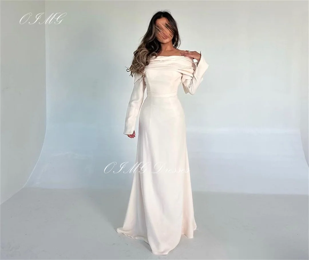 

OIMG Saudi Off the Shoulder Satin Ivory Prom Dresses Long Sleeves Mermaid Vintage Simple Evening Gowns Formal Party Dress