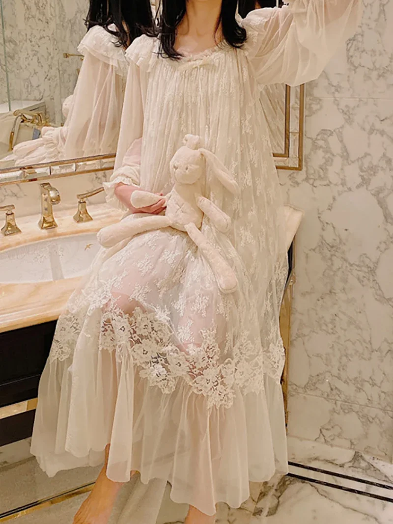 Kobiety Wiosna Jesień Francuskie Koszule Nocne Seksowne Falbany Fairy Court Koronkowe Słodkie Vintage Piżama Księżniczki Sukienka Nocna Bielizna Nocna