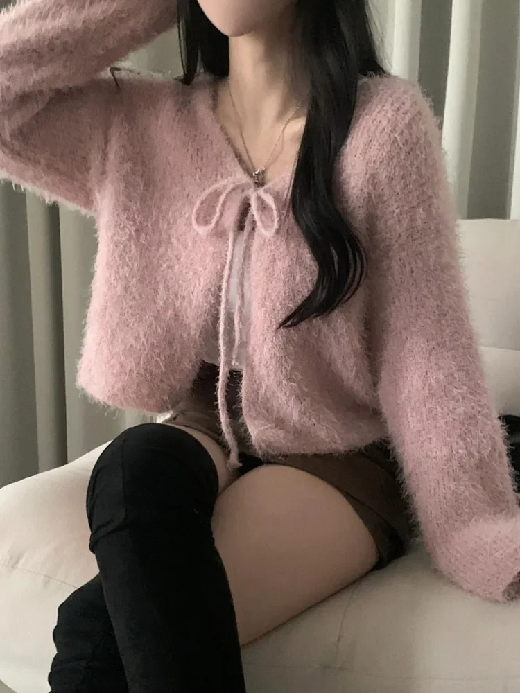 

Y2K Knitted Fur Sweater Cardigan Women Long Sleeve Bandage V-neck Sueter Mujer Autumn Vintage Sweet All Match Cropped Sweater