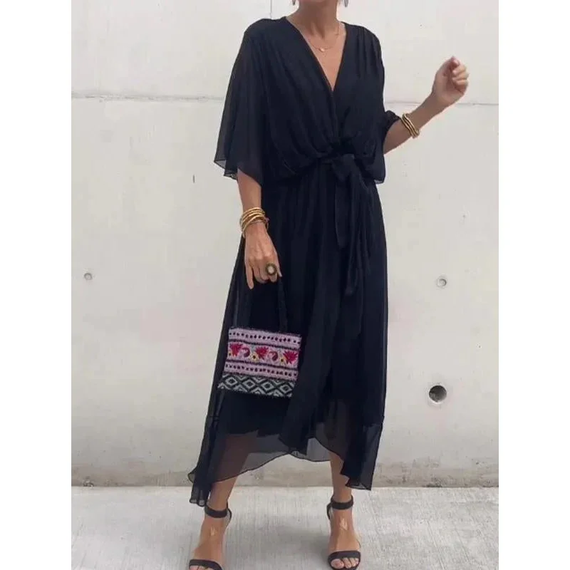 Women Crossover Deep V Neck Dresses Elegant Bat Sleeve See-through Mesh Hem Dress Female Commuter Casual High Waist Long Gown 24