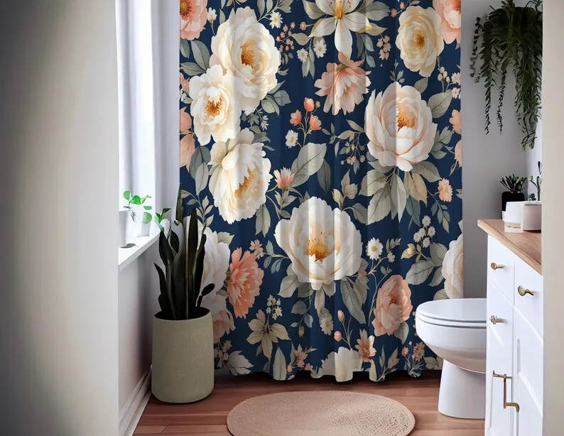Floral Shower Curtain, Large Blooming Peonies and Roses on Navy Blue, Vintage Romantic Bathroom Decor