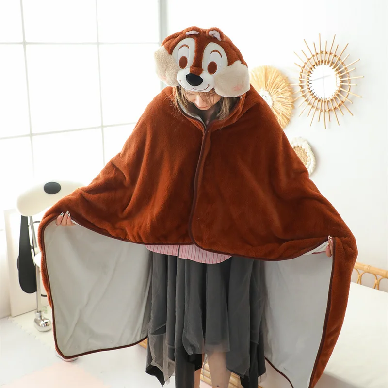 Disney Cute Chip 'N' Dale Cartoon Plush Blanket Autumn And Winter Aesthetic Household Shawl Hooded Warm Fashion Portable Blanket