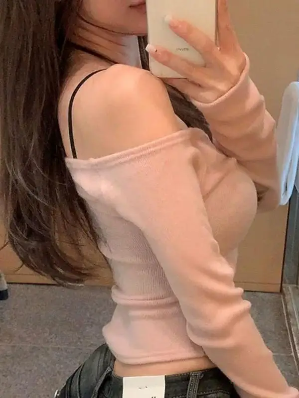 Sexy Shoulder Bared Long Sleeve T Shirt LF376 Gentle Women's Fragrance New Arrival Comfortable Knitted High Waist Polyester L...
