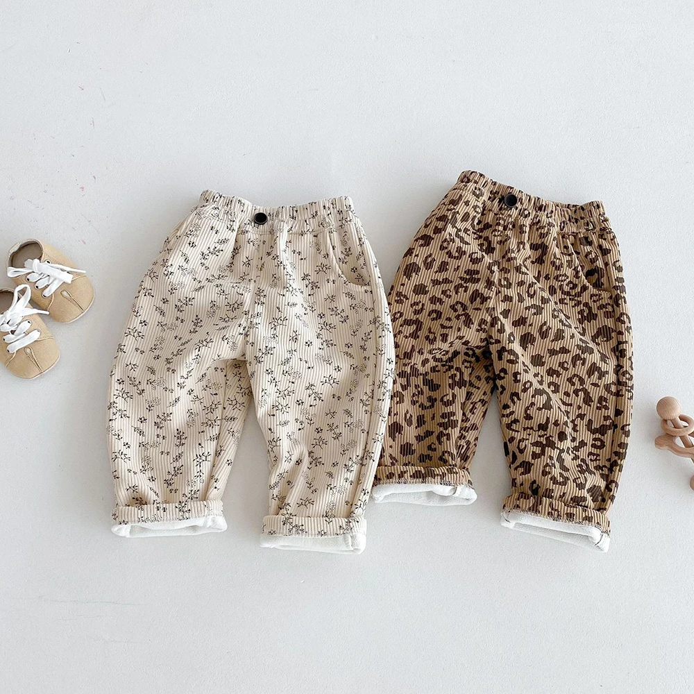 1-5Y Kids Trousers Fur Lining Girls Pants Leopard Print Boys Trousers Fashion Full Length Pants