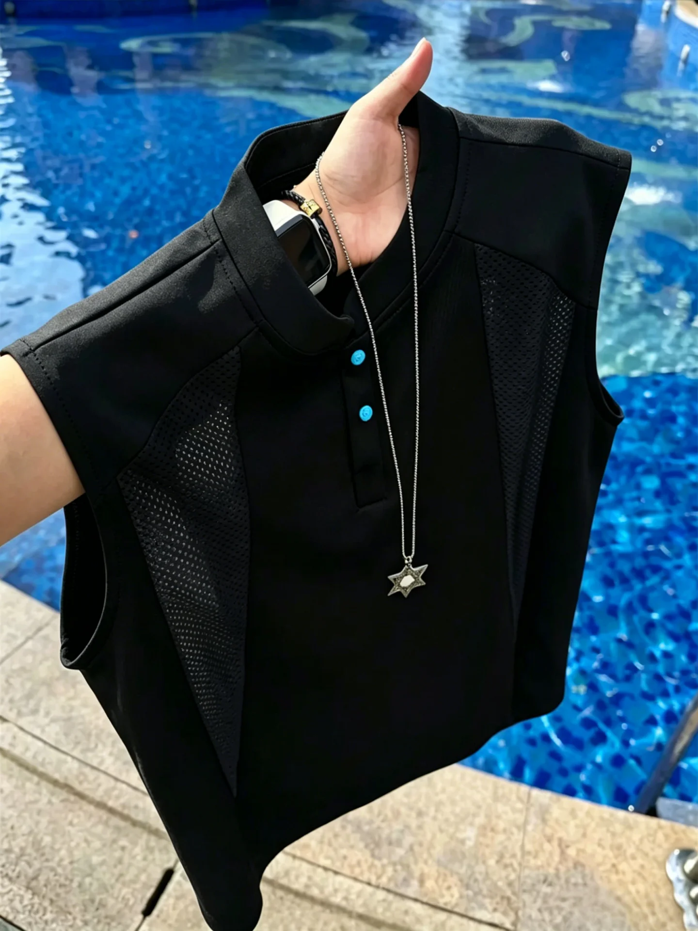 

Turquoise Black Mesh Breathable Henry Collar Vest Men's Summer American Structure Splice Sleeveless T-Shirt Shoulder Pad
