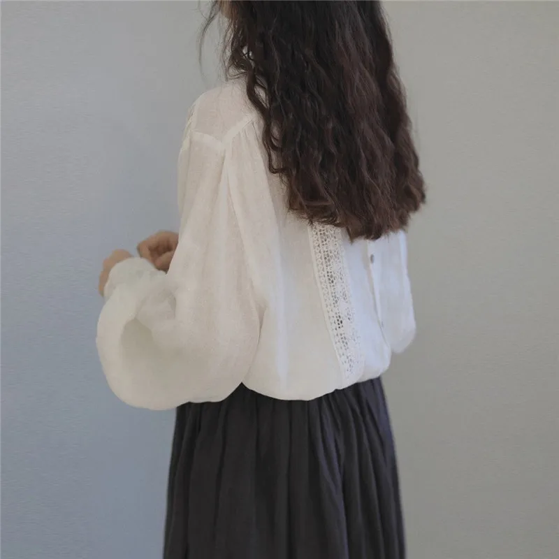 Johnature New Mori Linen Loose Hollow Out Women Shirts 2023 Spring Autumn Loose Vintage Solid Color Female Blouses