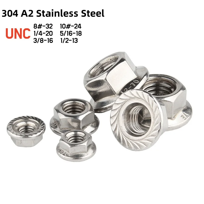 UNC Flange Nuts 8# 10# 1/4-20 5/16-18 3/8-16 1/2-13 304 A2 Stainless Steel Hexagon Hex Head Serrated Spinlock Flange Nut Lock