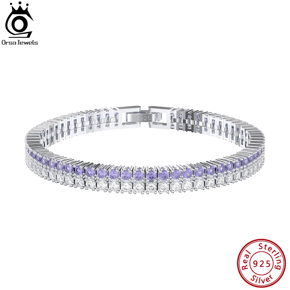 

ORSA JEWELS Elegant 2 Rows Tennis Bracelet 925 Sterling Silver Women's Fashion Clear&Purple Zircon Chain Bracelet Jewelry SB158