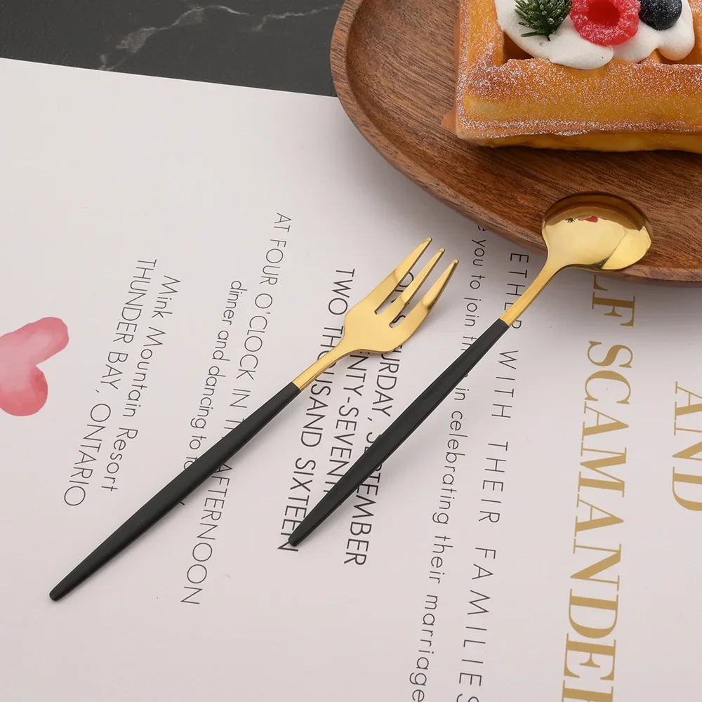 12Pcs Stainless Steel Mirror Gold Fork Spoon Set Cake Fork Snack Salad Coffee Fruit Fork Spoon Cutlery Kitchen Dinnerware Set