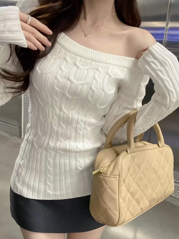 MosesQueen حار فتاة مائلة الكتف محبوك سترة المرأة الشتاء خمر تويست الكتف التخسيس تنوعا قاعدة طبقة سترة #5