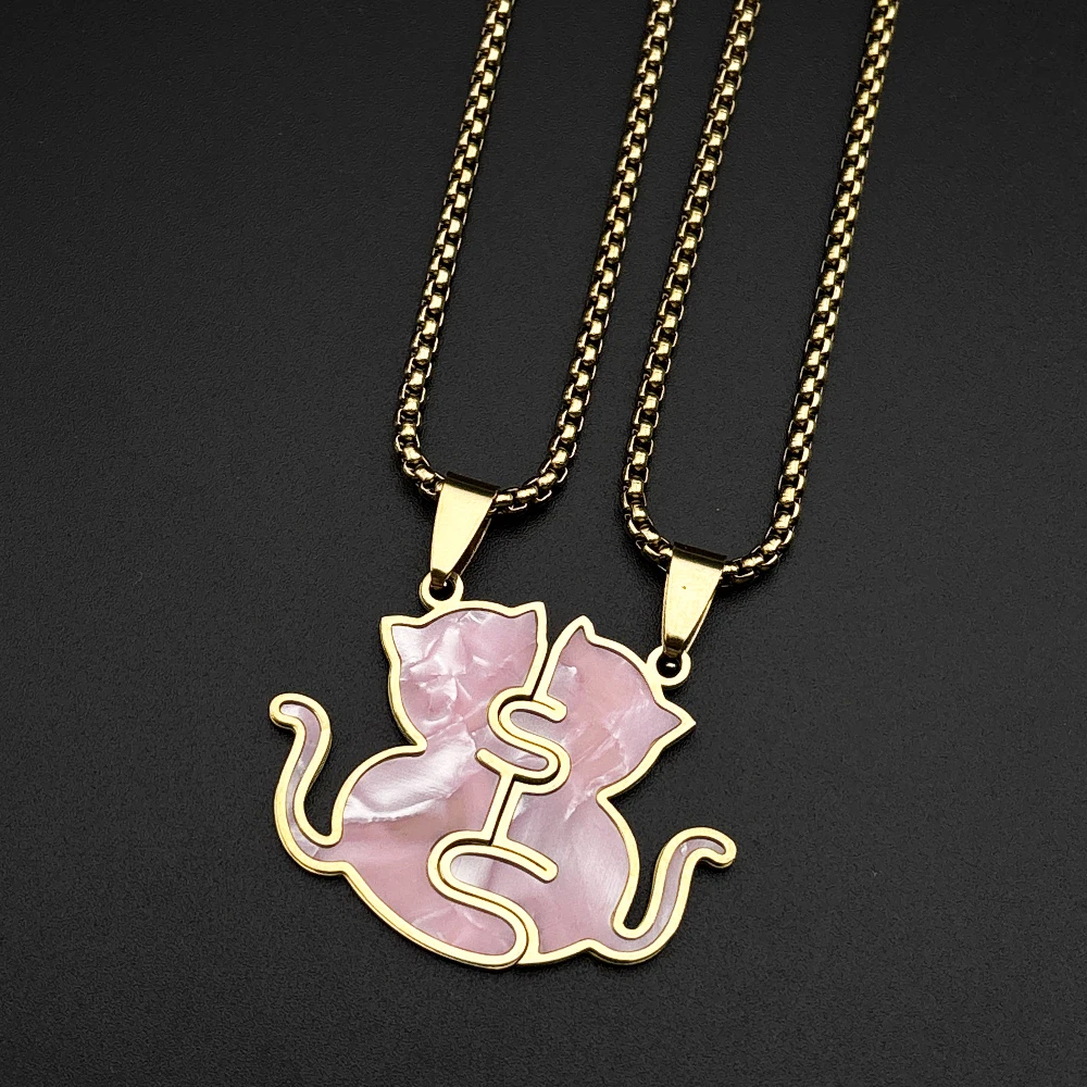2-teiliges Set Edelstahl Schwarz Weiß Rosa Katzen-Halskette Liebesumarmung Katzen Paar-Anhänger Halsketten BFF Schmuck für Frauen und Freundinnen – Detail 5