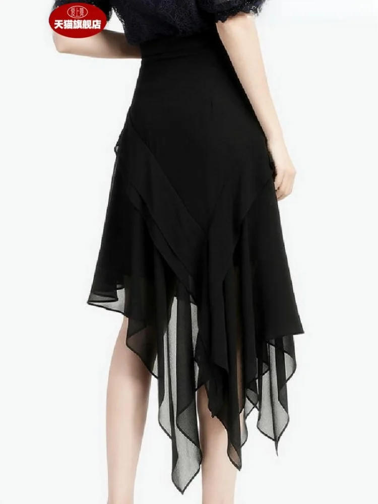 Summer Slimming High Waist Black Chiffon Midi Skirt Women\'s Asymmetrical Draped Waist-Cinching Thin Fabric Skirts