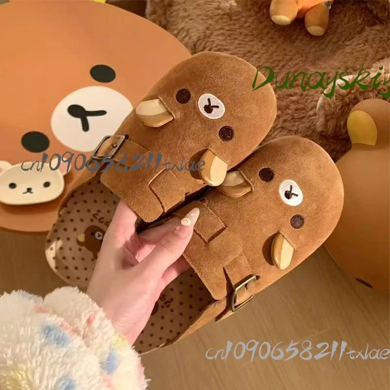 Y2k rilakkuma chinelos kawaii dos desenhos animados anime japão todo incluído camurça de vaca interior casa plana anti deslizamento respirável casal chinelos