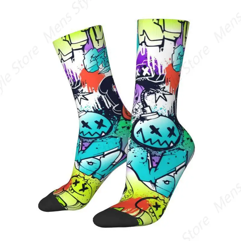 Benutzerdefinierte lustige Herren-Socken im Street-Art-Stil mit Wörtern und Cartoon-Monstern, Unisex, warme, bequeme Graffiti-Kunst-Crew-Socken