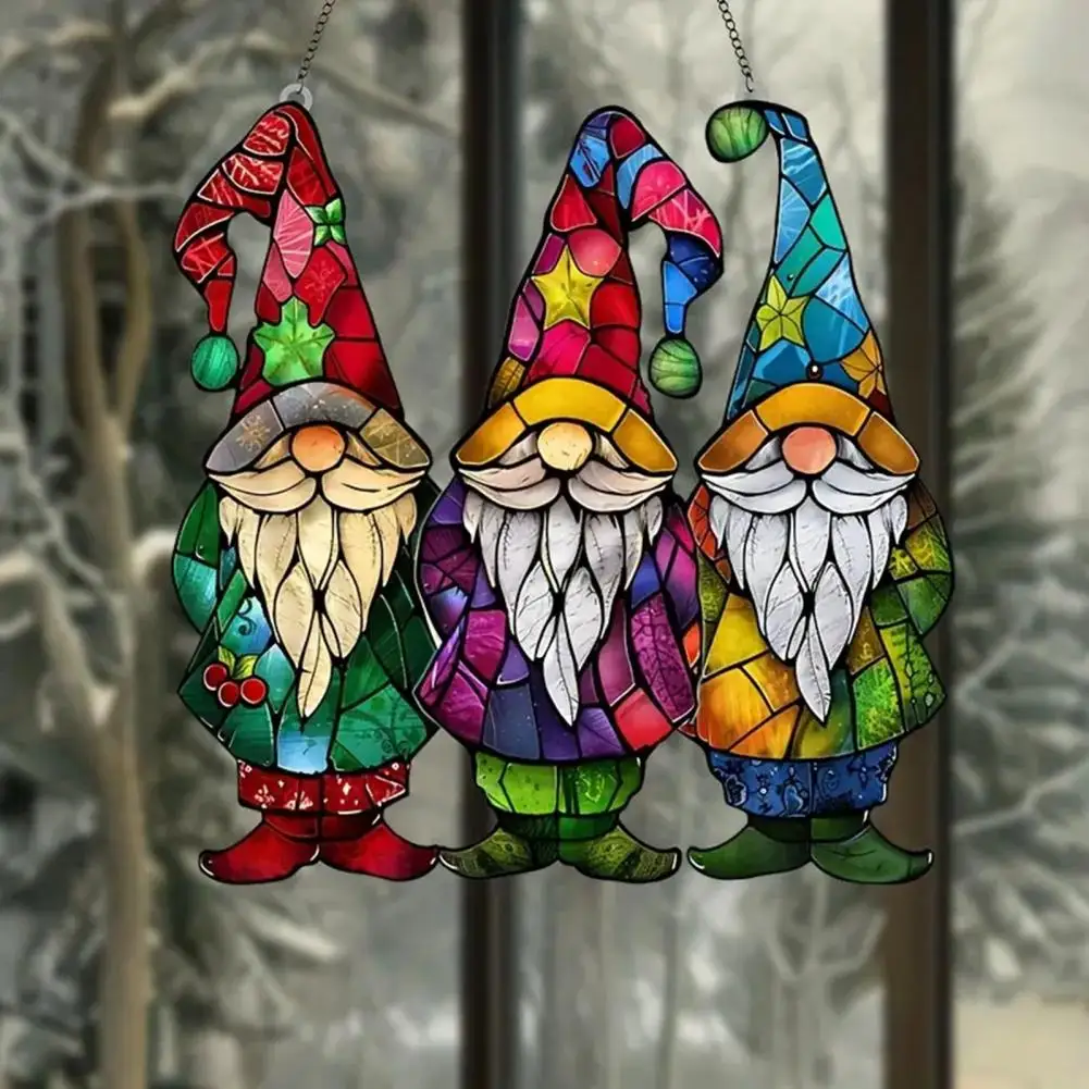 Atrapasueños acrílico de Navidad, adorno colgante de ventana de árbol de Navidad/gnomo colorido, atrapasueños de luz para decoración del hogar y balcón al aire libre