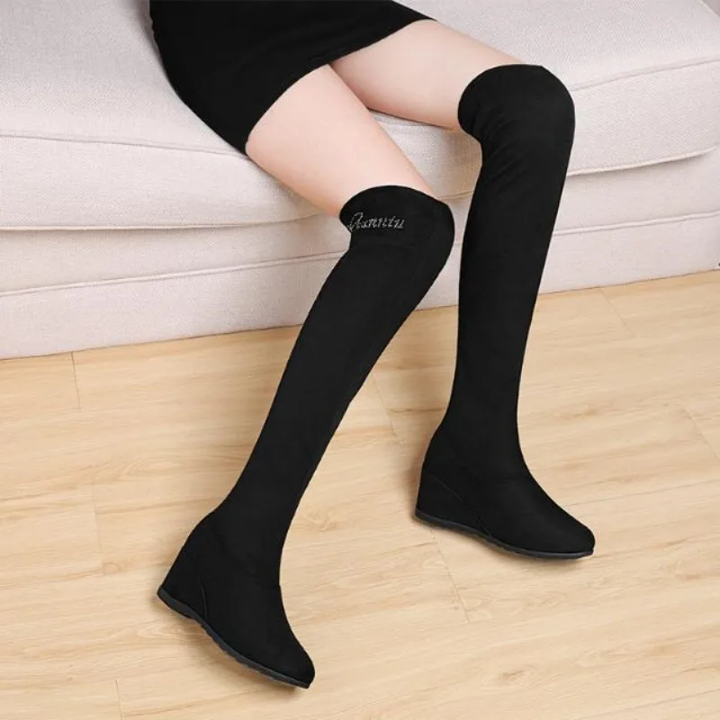 Black Above Over The Knee Thigh High Shoes for Woman Women\'s Boots Elastic Wedge Heel Footwear Waterproof Trend 2024 Y2k Gyaru