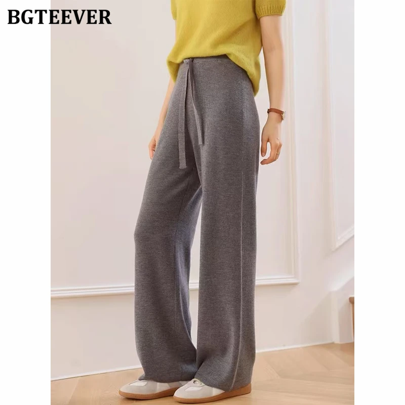 BGTEEVER Stylish Loose Knitted Wide Leg Pants for Women High Waist Lace-up Female Sweater Trousers Autumn Winter