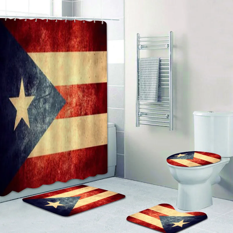 Grunge Flag of Puerto Rico on Wood Plank Shower Curtain and Bath Rug Set Vintage Puerto Rican Flag Bathroom Curtains Mats Decor