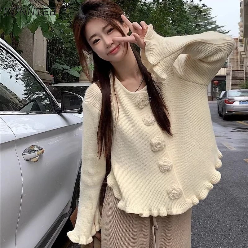 3D Flowers Cardigan Women Soft Thicker Ruffles Ruched Solid Loose Flare Sleeve Knitting Sweaters Sweet Girls Design Stylish