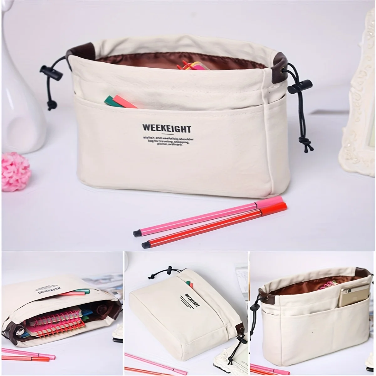 Mehrtaschen-Canvas-Organizer-Einsatz mit Kordelzug-Design, vielseitige Aufbewahrungstasche für den täglichen Reisegebrauch. – Detail 4