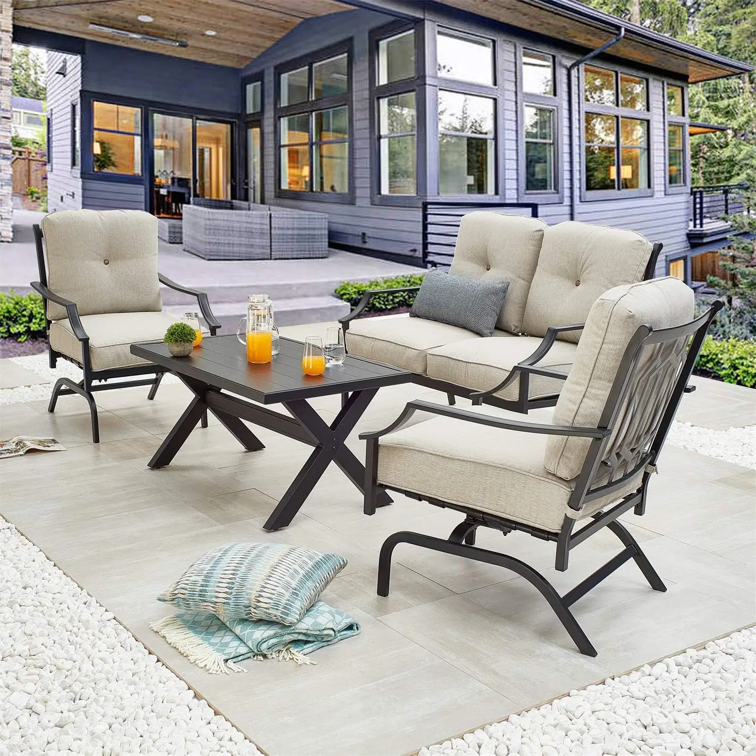 

Patio Conversation Set Metal Outdoor Furniture Sets All Weather Cushioned Loveseat & 2 Rocking Chairs & 1 Coffee Table for