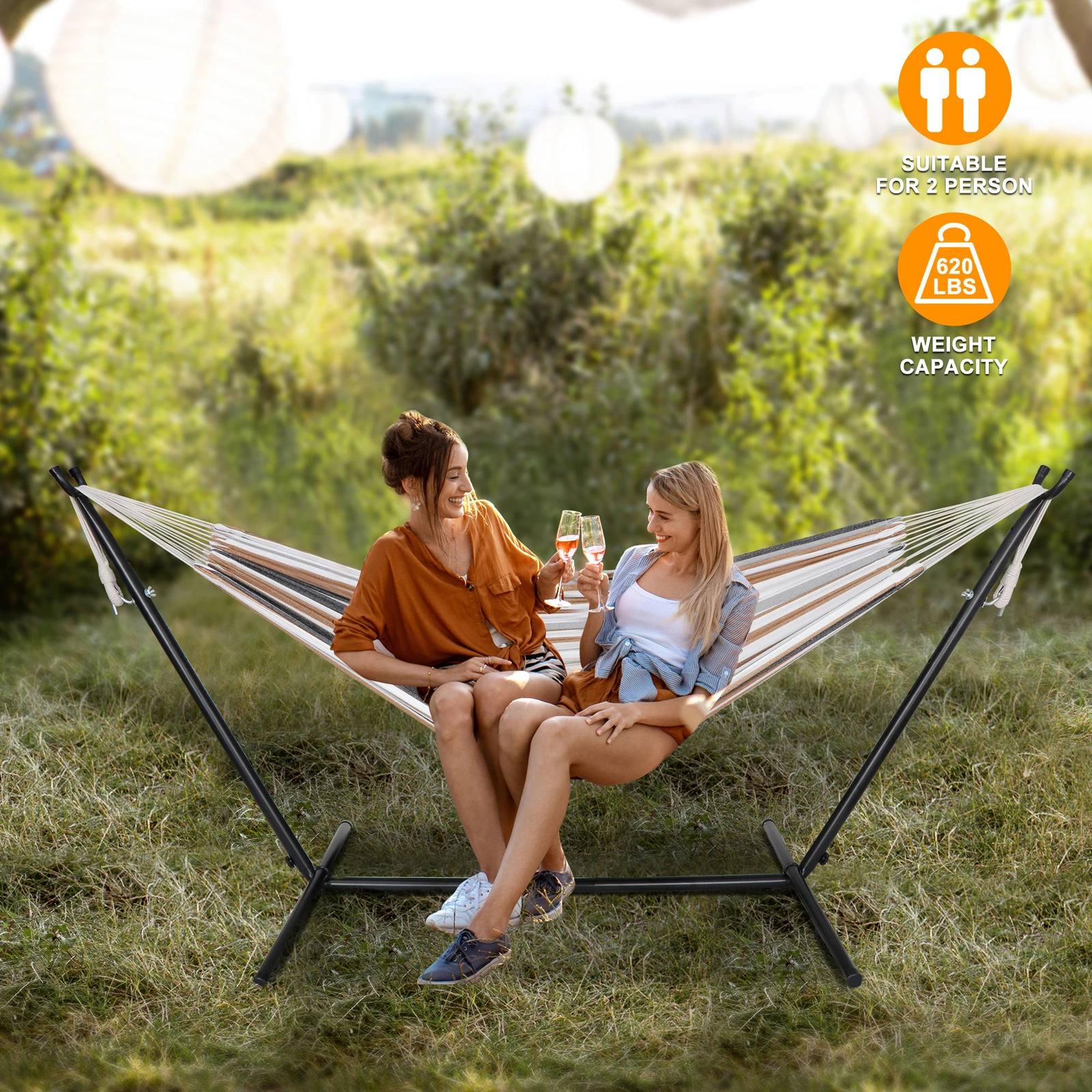 

Double Hammock with 620lb Capacity 9FT Steel Stand and Portable Carrying Case