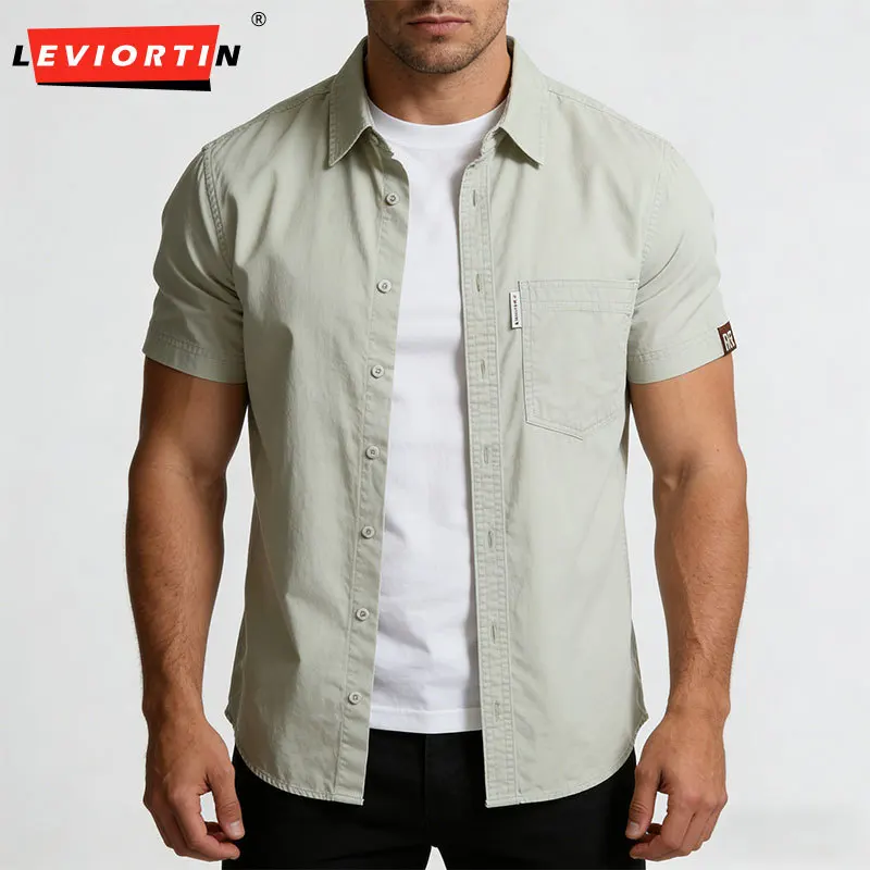 Men's Solid Cotton Short Sleeve Shirt Japanese styles Fashionable Chest Pocket Loose Casual Blouse Tops for Vacation & Leisure