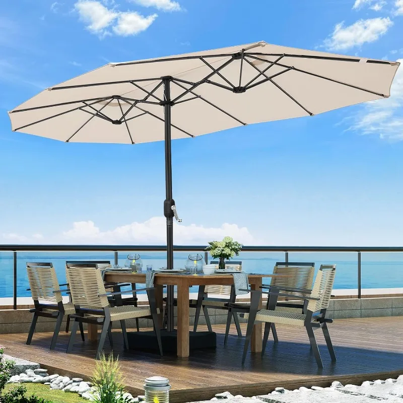 

15ft Large Outdoor Patio Umbrella with Base Included, Double-Sided Rectangle Market Table Umbrella with Crank, 12 Sturdy Ribs,