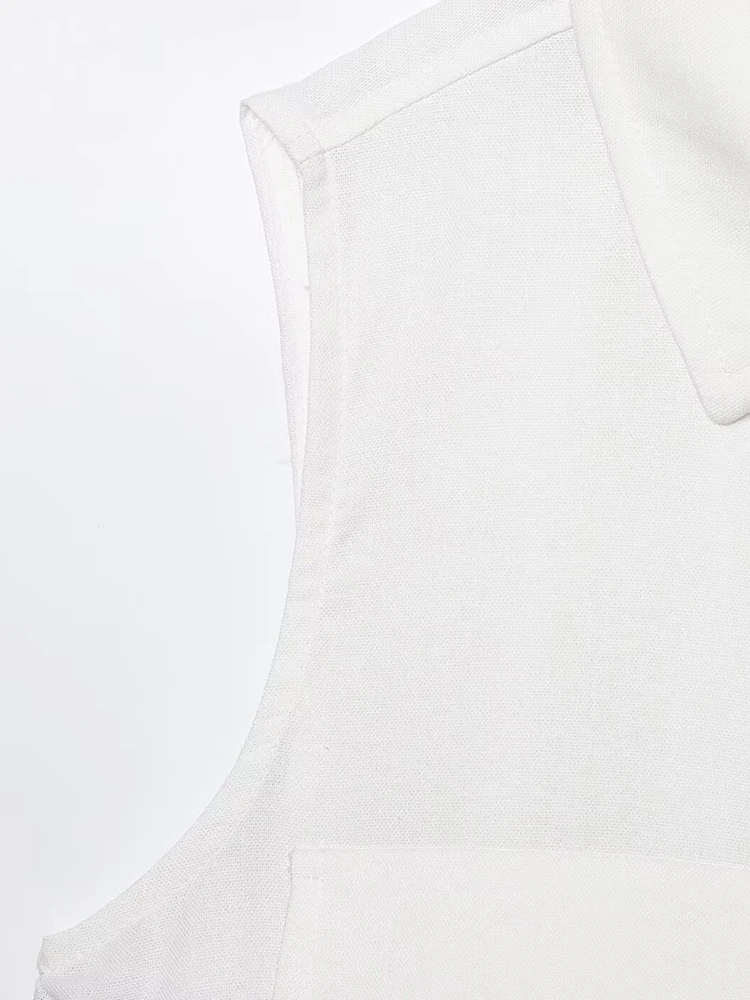 وصل حديثًا ملابس نسائية صيفية بجيوب رقعة بسيطة وطية صدر السترة بدون أكمام مع حزام شورت غير رسمي عالي الخصر #4