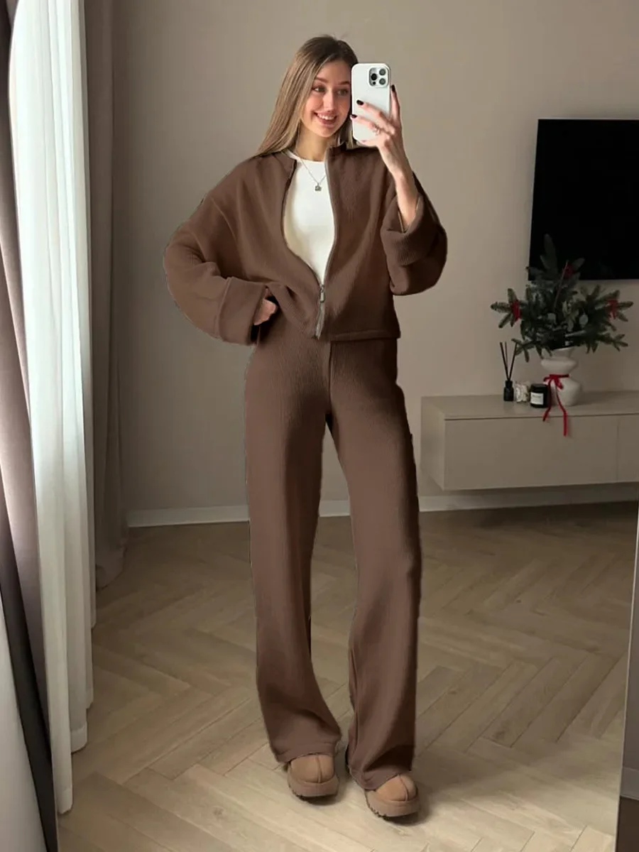 Fmxires 2025 femmes nouveau automne hiver veste zippée pantalon à jambes larges ensemble tricot doux à manches longues en vrac décontracté tricoté ensemble de pull