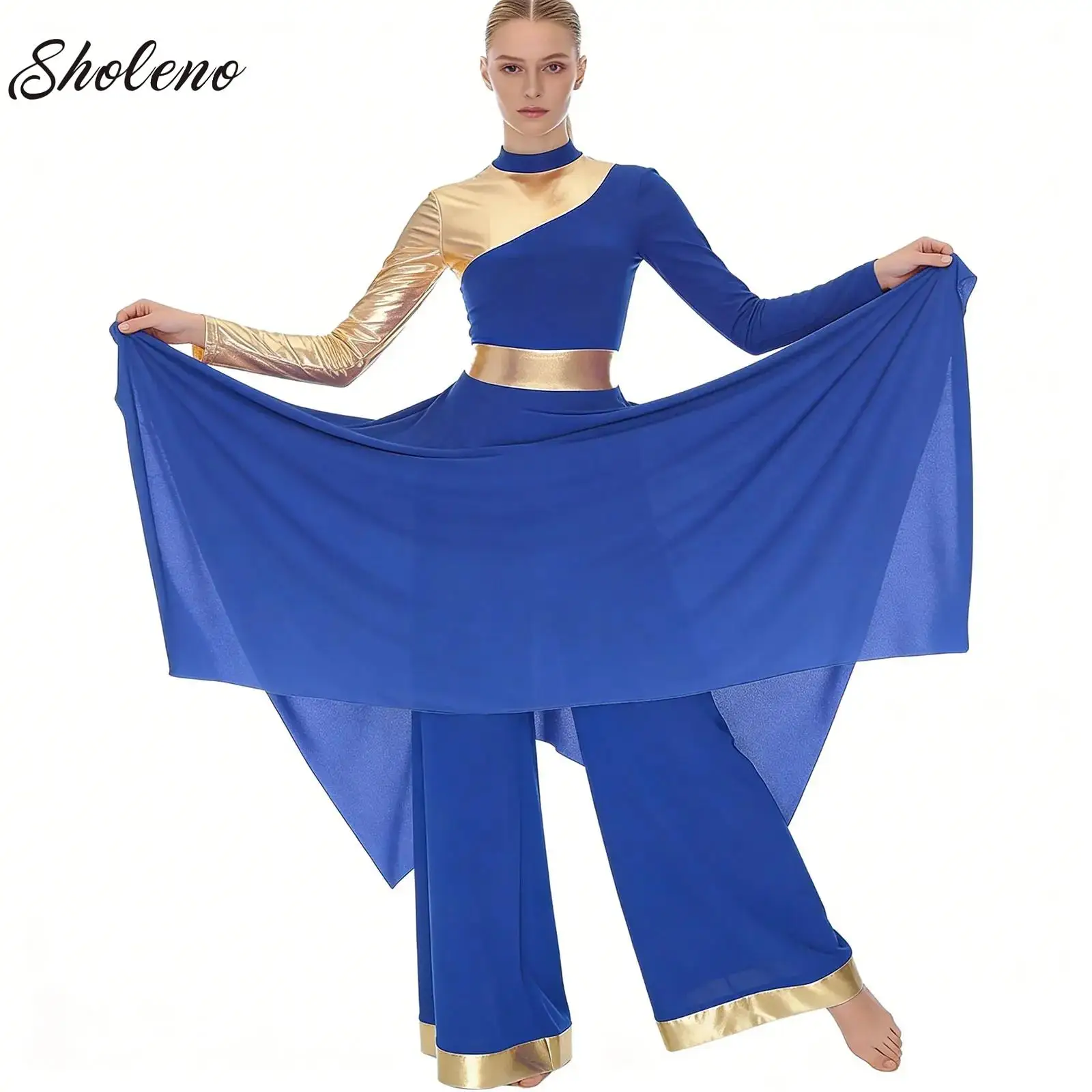 

Women Dancewear Modern Lyrical Liturgical Dance Costume Church Choir Worship Praise Dress Long Sleeve Gown with Wide-Leg Pants