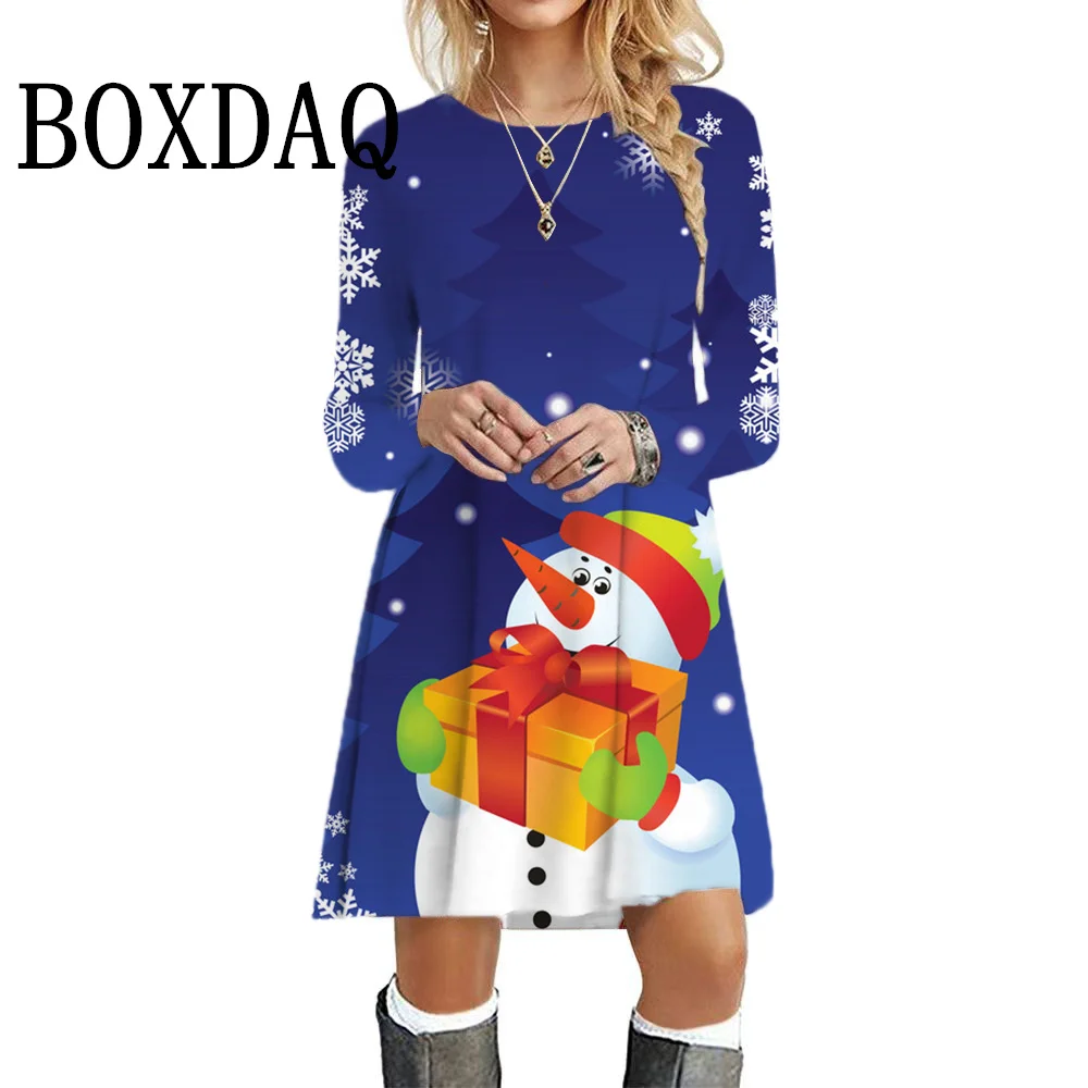 New Fashion Christmas Women Party Dresses Funny Cute Santa Claus 3D Printed Loose Casual Long Sleeve Dress Autumn Winter Clothes