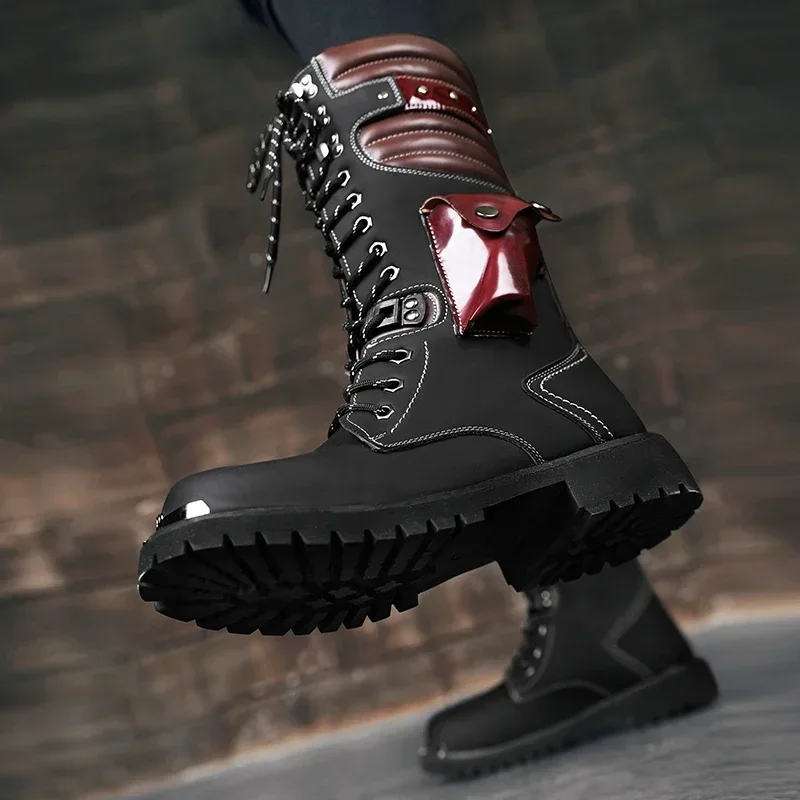 Winter High Heel Men Boots Casual Fashion Punk Motorcycle Boots Lace-up Leather High Black Biker Solid Boot Military Men Shoes