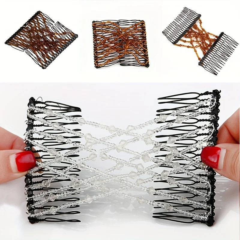 4-teiliges Set Magische Kämme, Elastische Perlen-Doppelkamm-Haarspangen, Retro-Stil Nahtloser Gabelkamm, Multifunktionale Dehnbare Haarspangen – Detail 1