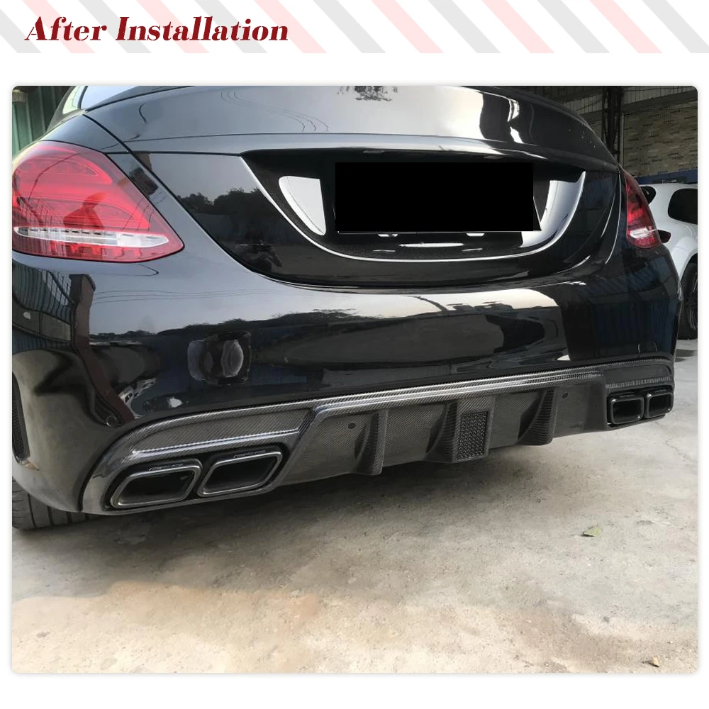 Car Rear Bumper Carbon Fiber Diffuser Lip Spoiler for Mercedes-Benz C Class W205 Sport C43 AMG Sedan 2015-2020 WLED FRP Black